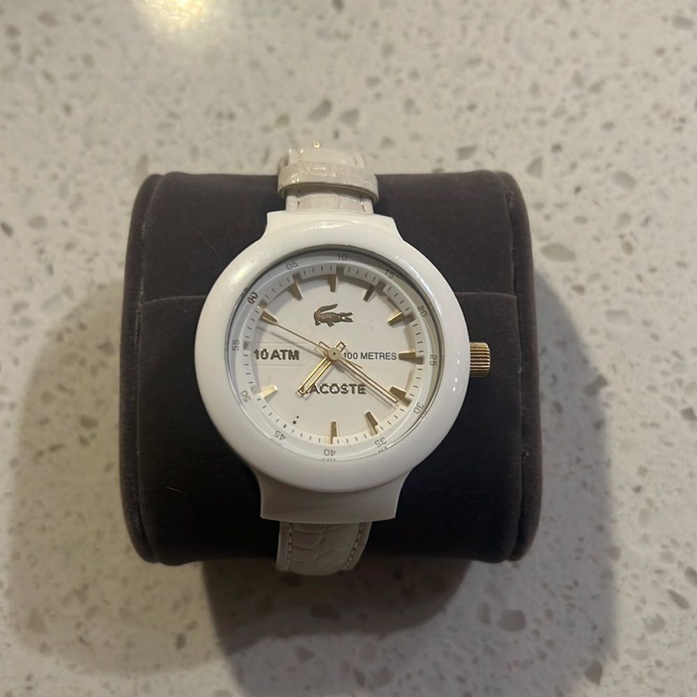 White Lacoste Women’s 12.12 watch with leather band